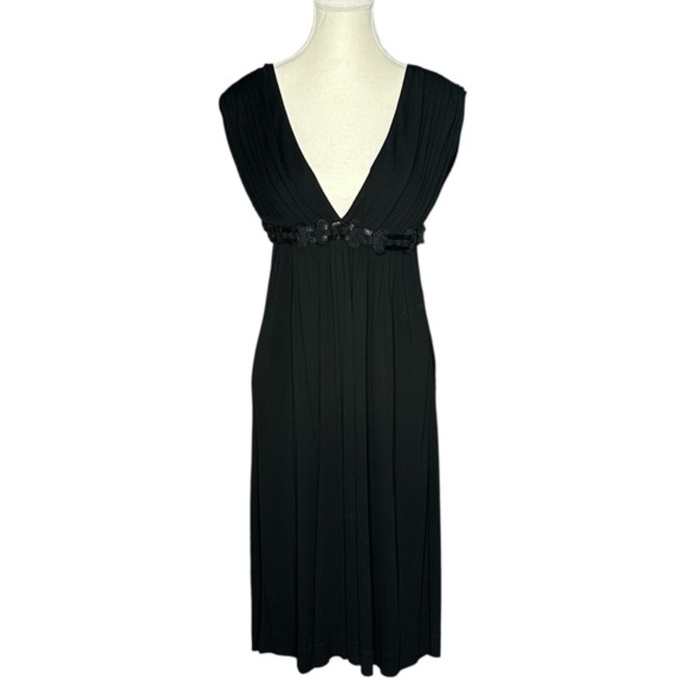 Fendi Black Pleated V-Neck Embellished Waist Midi Luxury Party Dress EU 42